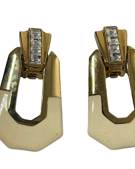 VTG 1980s Fancy Cream enamel & gold finish with crystal accents dangle earrings