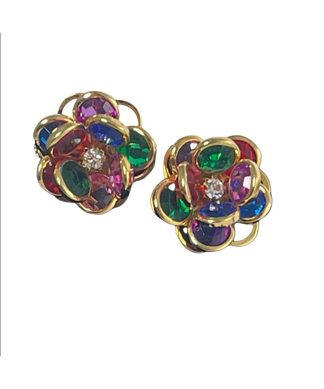 Vintage multicolor crystal metal flower pierced earrings