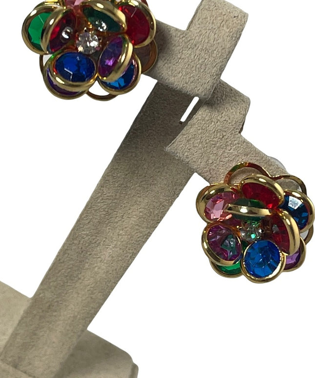 Vintage multicolor crystal metal flower pierced earrings