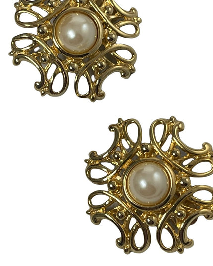 Vintage 1980s Chunky gold finish faux pearl ornate design clip on earrings