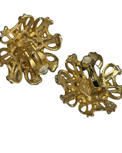 Vintage 1980s Chunky gold finish faux pearl ornate design clip on earrings