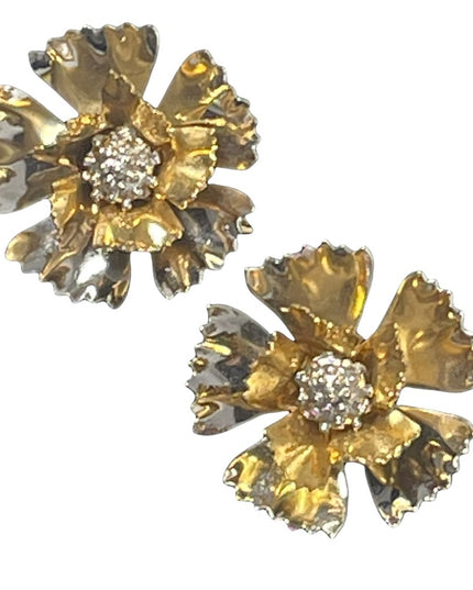 Vintage gold & silver fancy metal flower clip on earrings