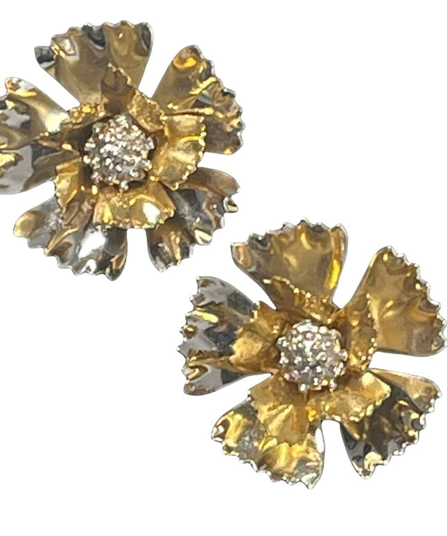 Vintage gold & silver fancy metal flower clip on earrings