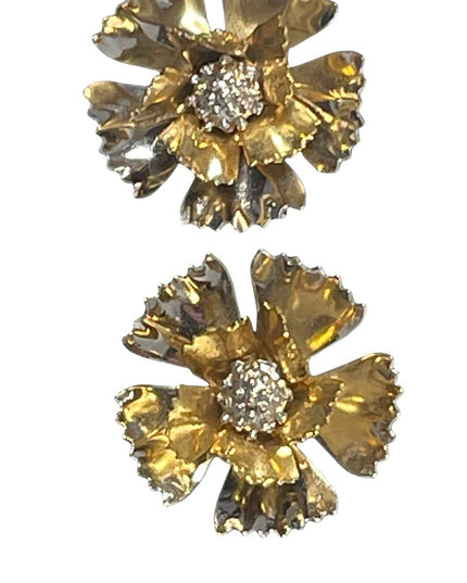 Vintage gold & silver fancy metal flower clip on earrings