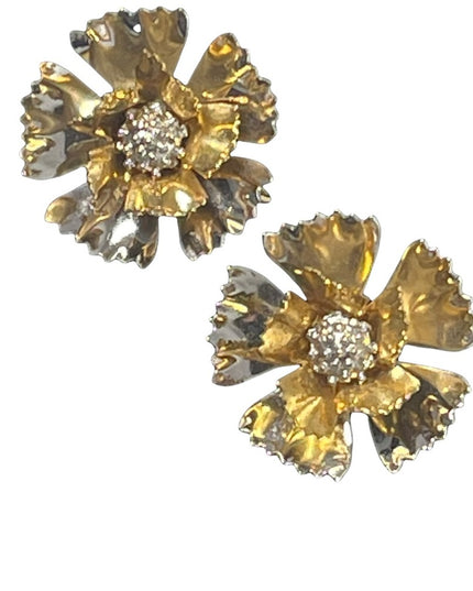 Vintage gold & silver fancy metal flower clip on earrings