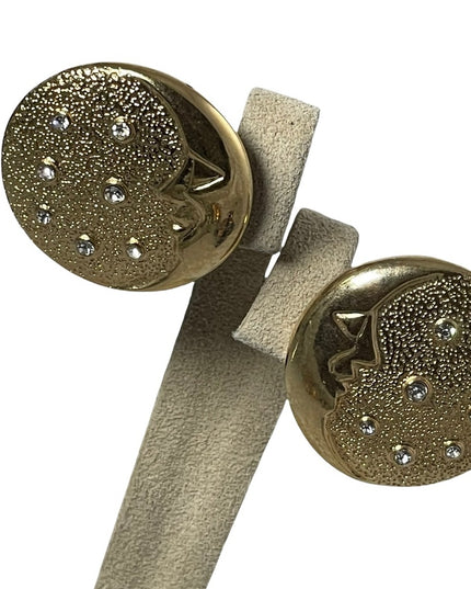 Vintage 1980s Gold crystal rhinestone MOON button clip on earrings BUTLER FAC