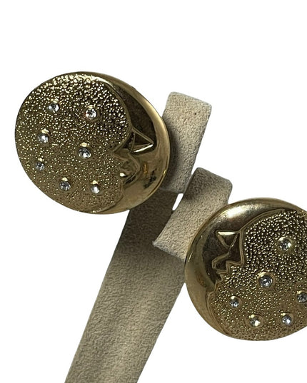 Vintage 1980s Gold crystal rhinestone MOON button clip on earrings BUTLER FAC