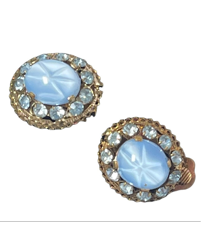 Vintage 1960s Blue crystal & glass fancy clip on earrings