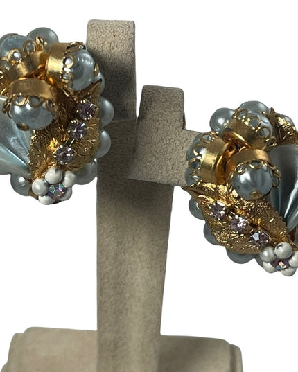 VINTAGE 1960s fancy faux blue pearl plastic rhinestone clip on earrings gold