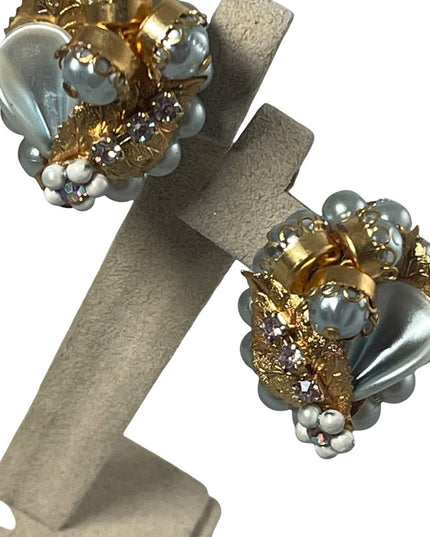 VINTAGE 1960s fancy faux blue pearl plastic rhinestone clip on earrings gold