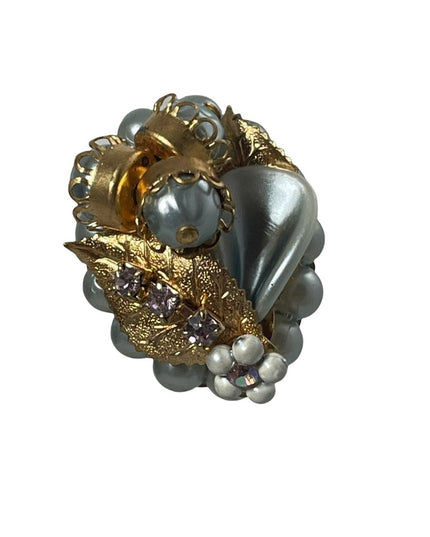 VINTAGE 1960s fancy faux blue pearl plastic rhinestone clip on earrings gold