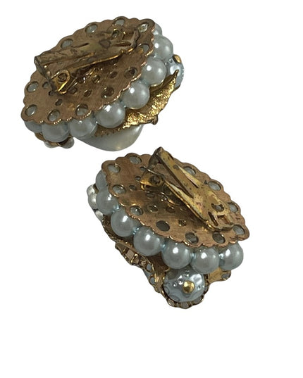 VINTAGE 1960s fancy faux blue pearl plastic rhinestone clip on earrings gold