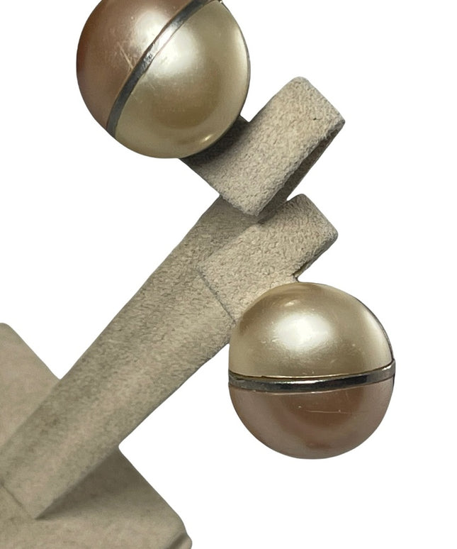 Vintage 1960s TRIAD faux pearl clip on earrings  cream & copper faux finish