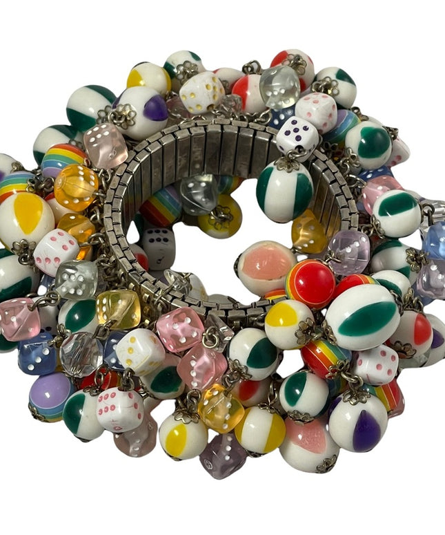 Stunning vintage stretchy CHA CHA bracelet dice multicolor beads RARE DESIGN