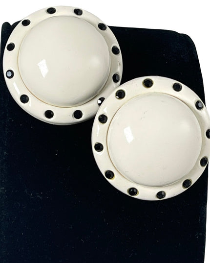 LG CHUNKY HEAVY white plastic black rhinestone crystals fancy 1960s earrings