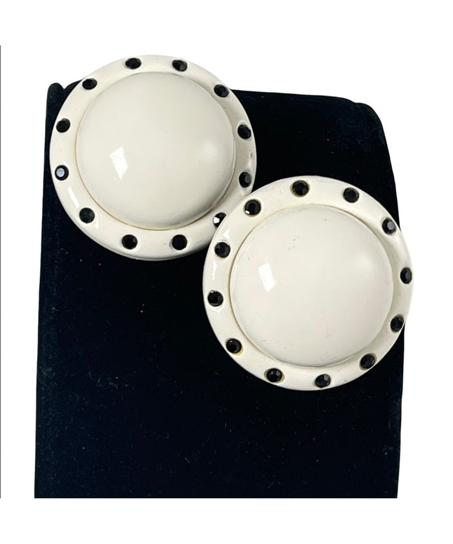 LG CHUNKY HEAVY white plastic black rhinestone crystals fancy 1960s earrings