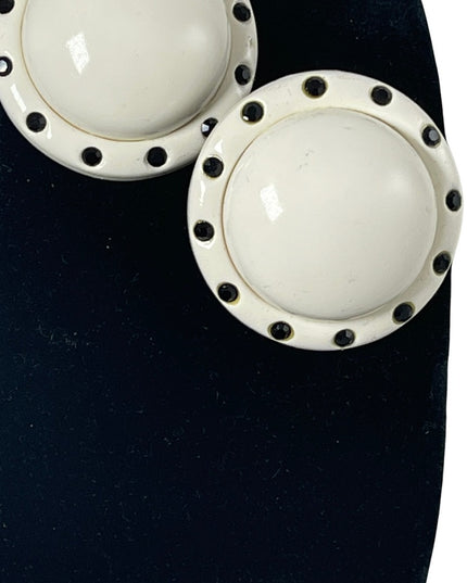 LG CHUNKY HEAVY white plastic black rhinestone crystals fancy 1960s earrings