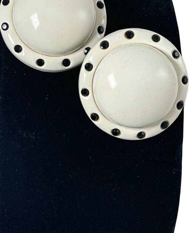 LG CHUNKY HEAVY white plastic black rhinestone crystals fancy 1960s earrings