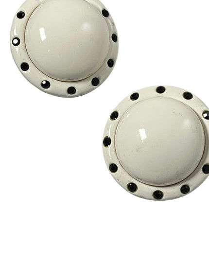 LG CHUNKY HEAVY white plastic black rhinestone crystals fancy 1960s earrings