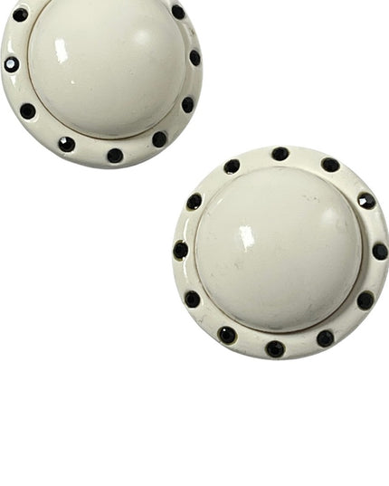 LG CHUNKY HEAVY white plastic black rhinestone crystals fancy 1960s earrings