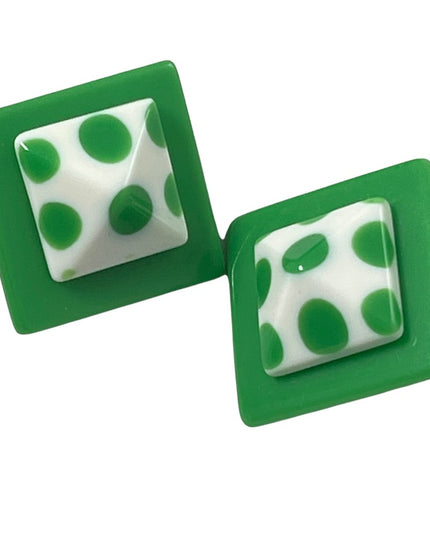 FUN Candy apple Green & White polka dot square clip on plastic earrings