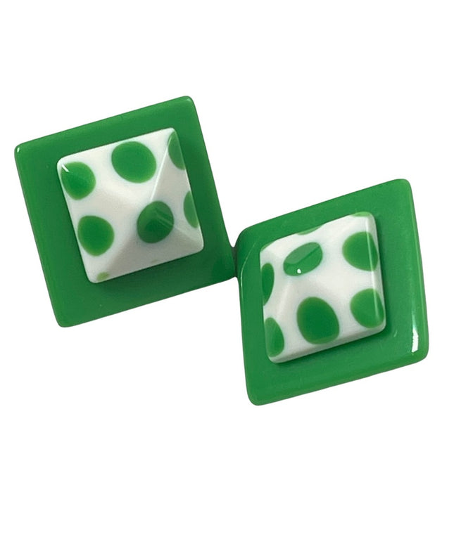 FUN Candy apple Green & White polka dot square clip on plastic earrings