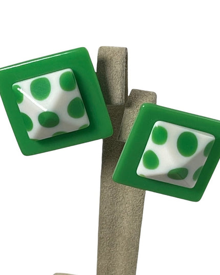 FUN Candy apple Green & White polka dot square clip on plastic earrings