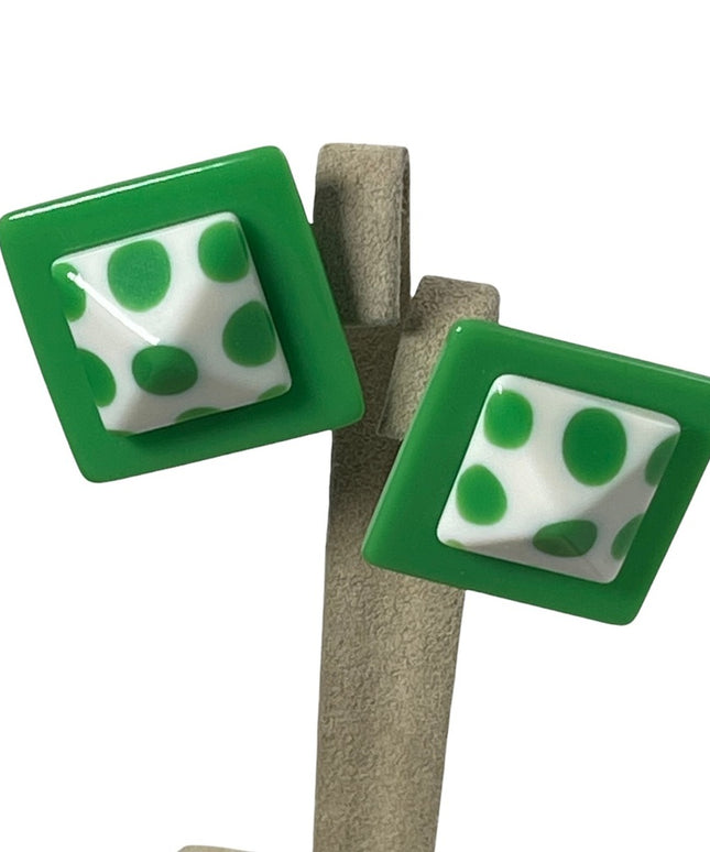 FUN Candy apple Green & White polka dot square clip on plastic earrings