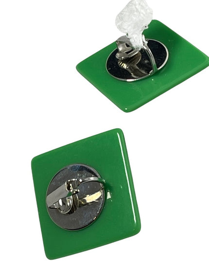 FUN Candy apple Green & White polka dot square clip on plastic earrings