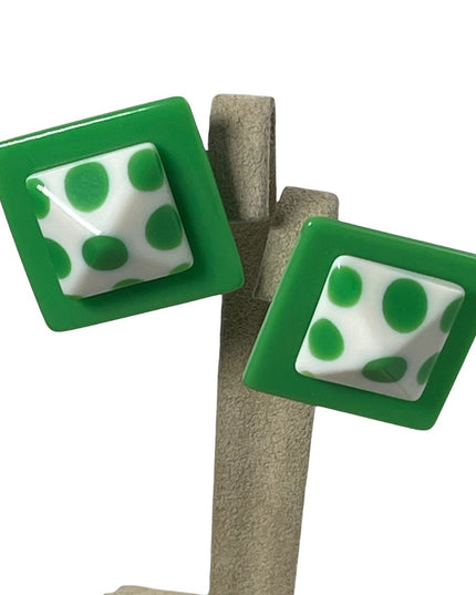 FUN Candy apple Green & White polka dot square clip on plastic earrings