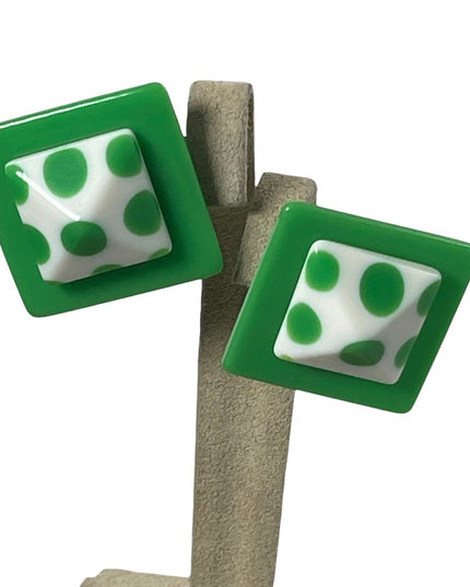 FUN Candy apple Green & White polka dot square clip on plastic earrings