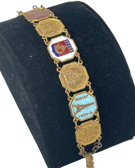 Vintage Brass FRENCH FRANCE PARIS Eiffel tower tourist link bracelet enamel