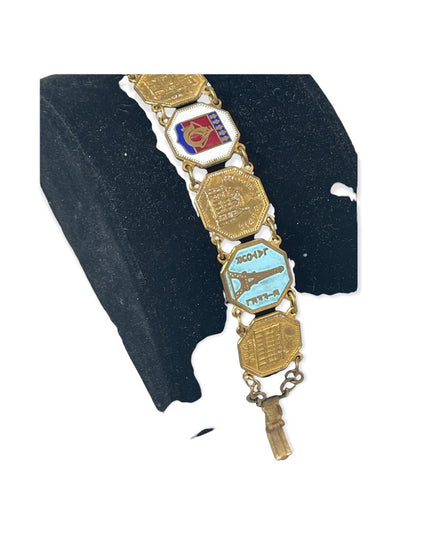 Vintage Brass FRENCH FRANCE PARIS Eiffel tower tourist link bracelet enamel