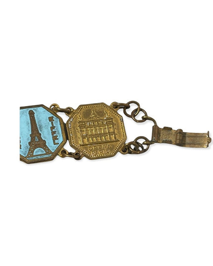 Vintage Brass FRENCH FRANCE PARIS Eiffel tower tourist link bracelet enamel