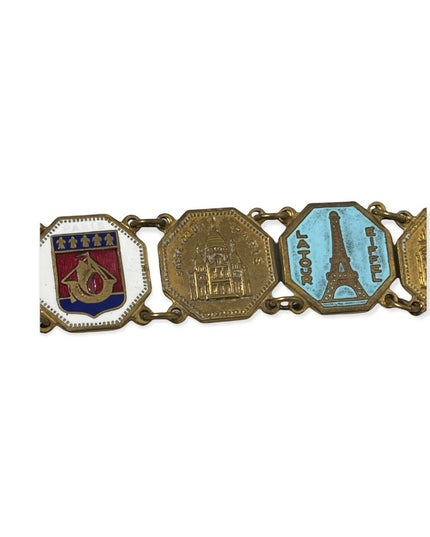 Vintage Brass FRENCH FRANCE PARIS Eiffel tower tourist link bracelet enamel