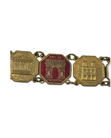 Vintage Brass FRENCH FRANCE PARIS Eiffel tower tourist link bracelet enamel