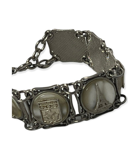 VTG silver PARIS FRANCE FRENCH Eiffel tower lucite link panel tourist bracelet