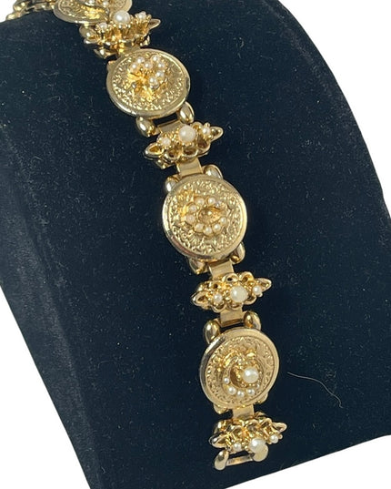 VTG Victorian revival crown star crescent flower gold faux pearl link bracelet