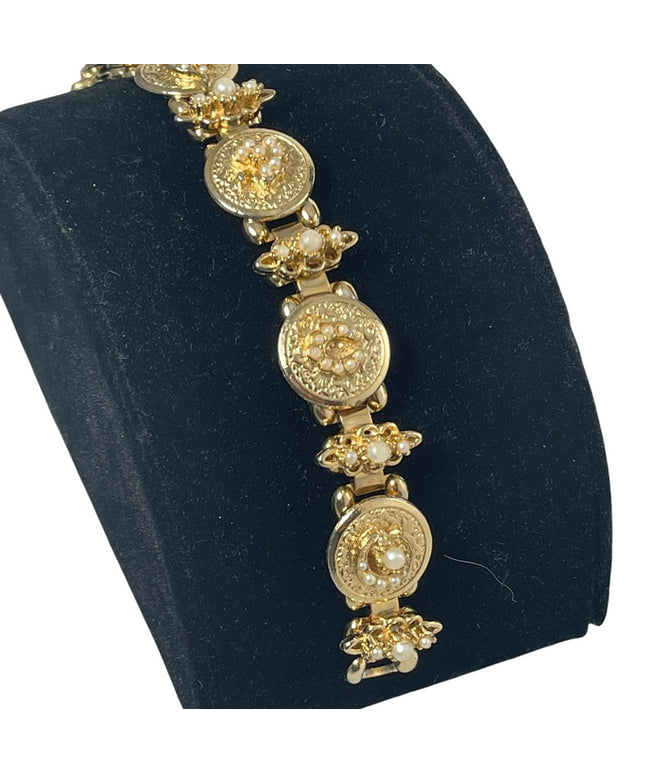 VTG Victorian revival crown star crescent flower gold faux pearl link bracelet