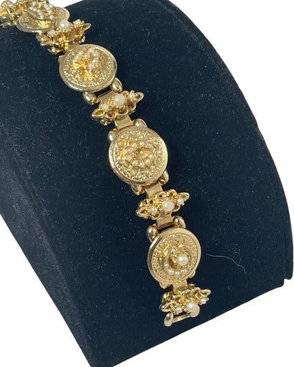 VTG Victorian revival crown star crescent flower gold faux pearl link bracelet