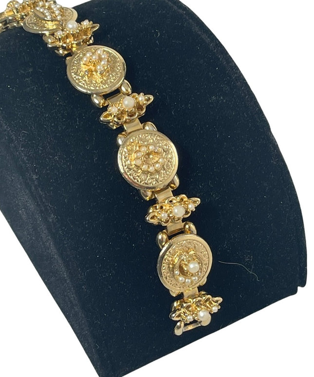 VTG Victorian revival crown star crescent flower gold faux pearl link bracelet