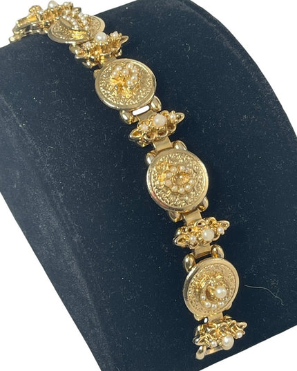 VTG Victorian revival crown star crescent flower gold faux pearl link bracelet