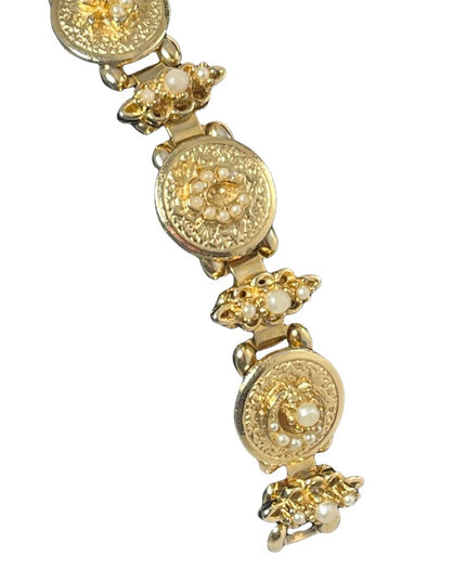VTG Victorian revival crown star crescent flower gold faux pearl link bracelet