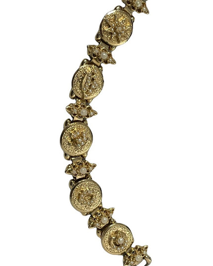 VTG Victorian revival crown star crescent flower gold faux pearl link bracelet