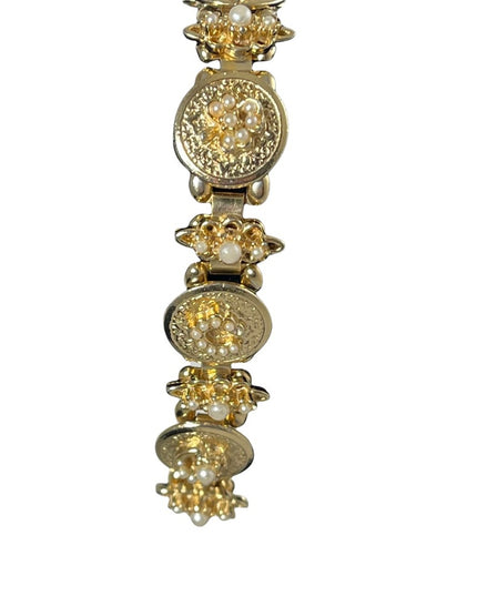 VTG Victorian revival crown star crescent flower gold faux pearl link bracelet