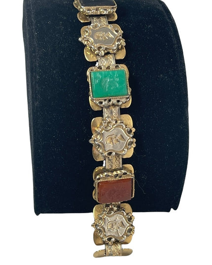 VTG Roman Soldiers Intaglio Carnelian Jade Onyx glass Gold Tone Bracelet- 1950's