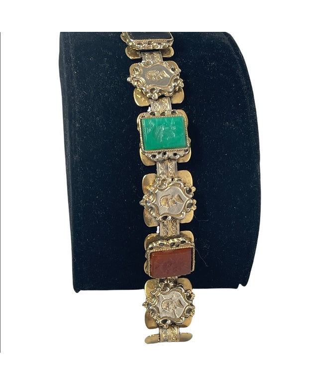 VTG Roman Soldiers Intaglio Carnelian Jade Onyx glass Gold Tone Bracelet- 1950's