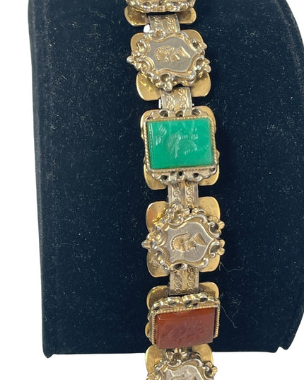 VTG Roman Soldiers Intaglio Carnelian Jade Onyx glass Gold Tone Bracelet- 1950's