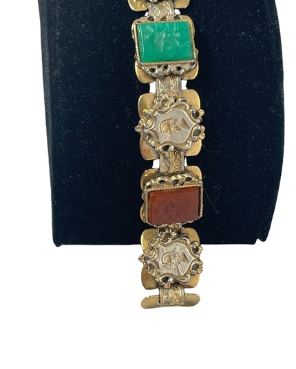 VTG Roman Soldiers Intaglio Carnelian Jade Onyx glass Gold Tone Bracelet- 1950's