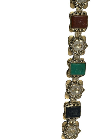 VTG Roman Soldiers Intaglio Carnelian Jade Onyx glass Gold Tone Bracelet- 1950's